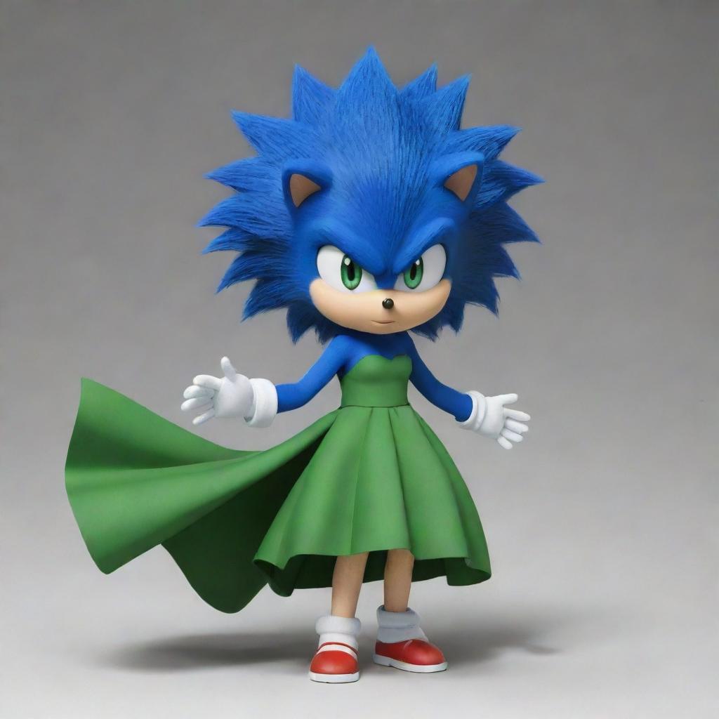 Sonic, the blue anthropomorphic hedgehog, redesigned to have features of Tatsumaki from One Punch Man. Give Sonic Tatsumaki's telekinetic powers, green dress and short hair.