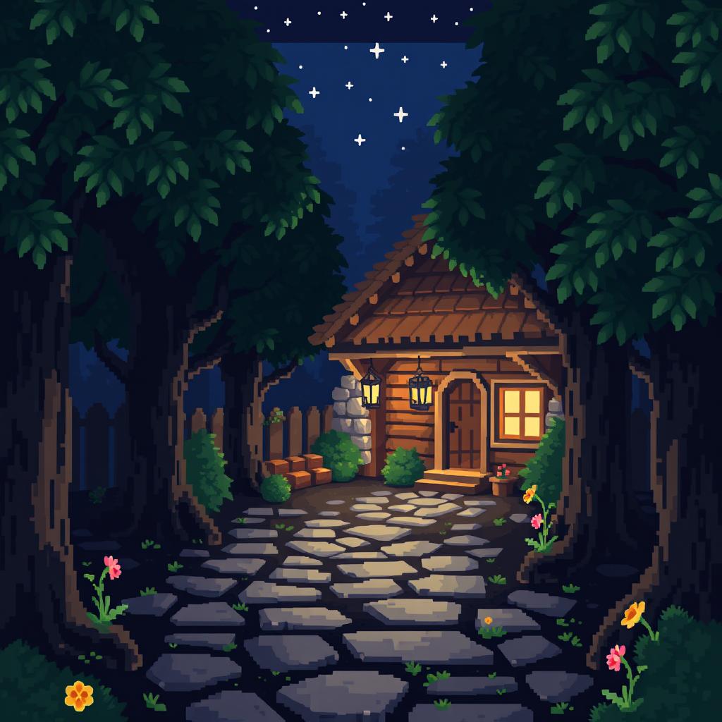 A charming pixel art scene depicting the courtyard of a house nestled in the heart of a dark, eerie forest