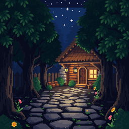 A charming pixel art scene depicting the courtyard of a house nestled in the heart of a dark, eerie forest