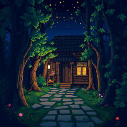 A charming pixel art scene depicting the courtyard of a house nestled in the heart of a dark, eerie forest