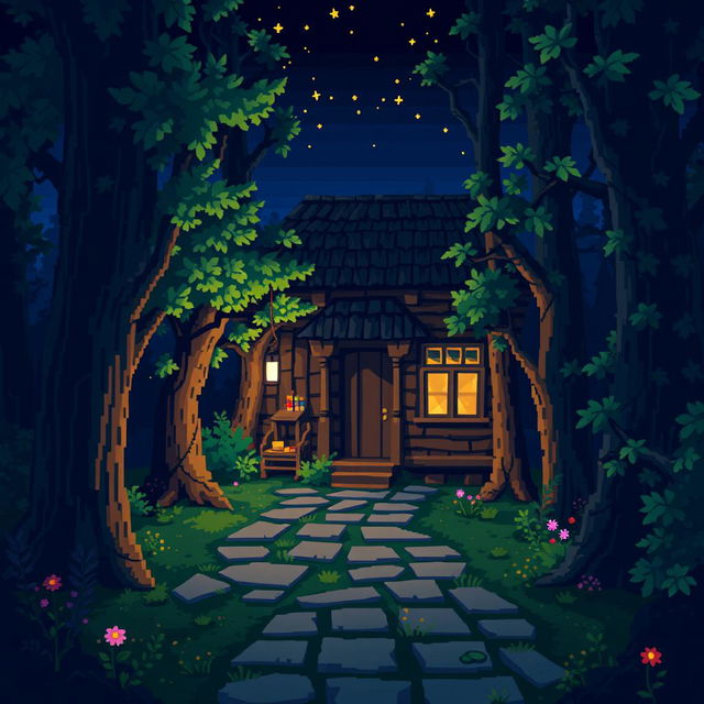 A charming pixel art scene depicting the courtyard of a house nestled in the heart of a dark, eerie forest