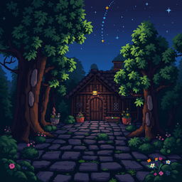 A charming pixel art scene depicting the courtyard of a house nestled in the heart of a dark, eerie forest