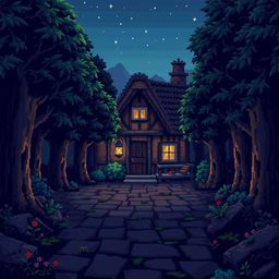 A charming pixel art scene depicting the courtyard of a house nestled in the heart of a dark, eerie forest