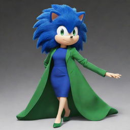 Sonic, the blue anthropomorphic hedgehog, redesigned to have features of Tatsumaki from One Punch Man. Give Sonic Tatsumaki's telekinetic powers, green dress and short hair.