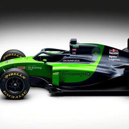 A Formula 1 car from the Apex Racing team, prominently featuring a vibrant green and dark navy blue color scheme