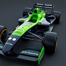 A Formula 1 car from the Apex Racing team, prominently featuring a vibrant green and dark navy blue color scheme