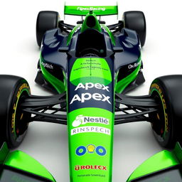 A Formula 1 car from the Apex Racing team, prominently featuring a vibrant green and dark navy blue color scheme