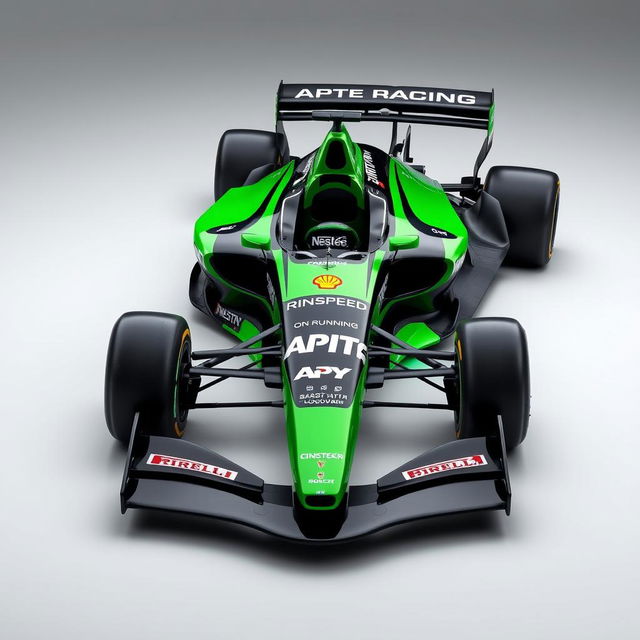 A Formula 1 car from the Apex Racing team, prominently featuring a vibrant green and dark navy blue color scheme