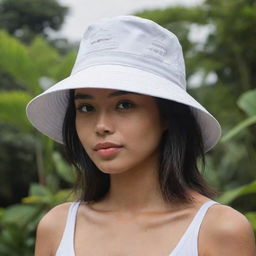 A bucket hat design focusing on iconic yet simple-to-paint Balinese buildings, presented with a fine balance of minimalism and cultural significance