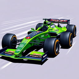 A detailed illustration of a Formula 1 car representing the Apex Racing team