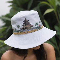 A bucket hat design focusing on iconic yet simple-to-paint Balinese buildings, presented with a fine balance of minimalism and cultural significance