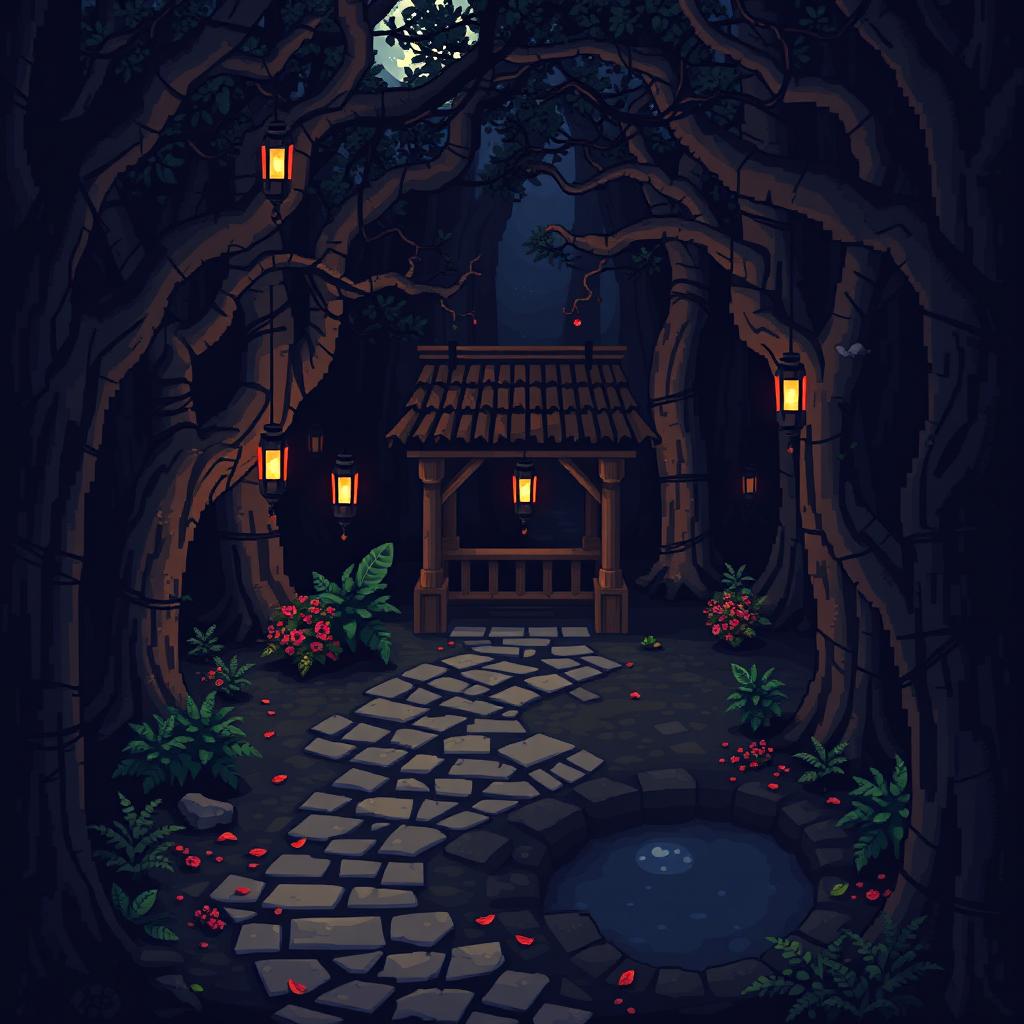 A detailed pixel art scene depicting a courtyard surrounded by a dark, eerie forest