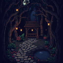 A detailed pixel art scene depicting a courtyard surrounded by a dark, eerie forest