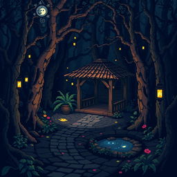 A detailed pixel art scene depicting a courtyard surrounded by a dark, eerie forest