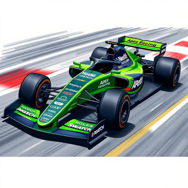 A detailed illustration of a Formula 1 car representing the Apex Racing team