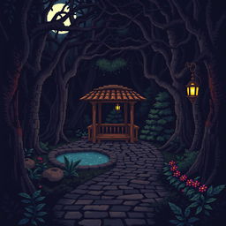 A detailed pixel art scene depicting a courtyard surrounded by a dark, eerie forest