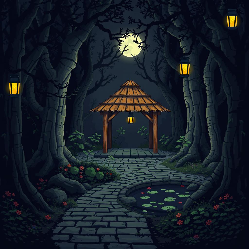 A detailed pixel art scene depicting a courtyard surrounded by a dark, eerie forest