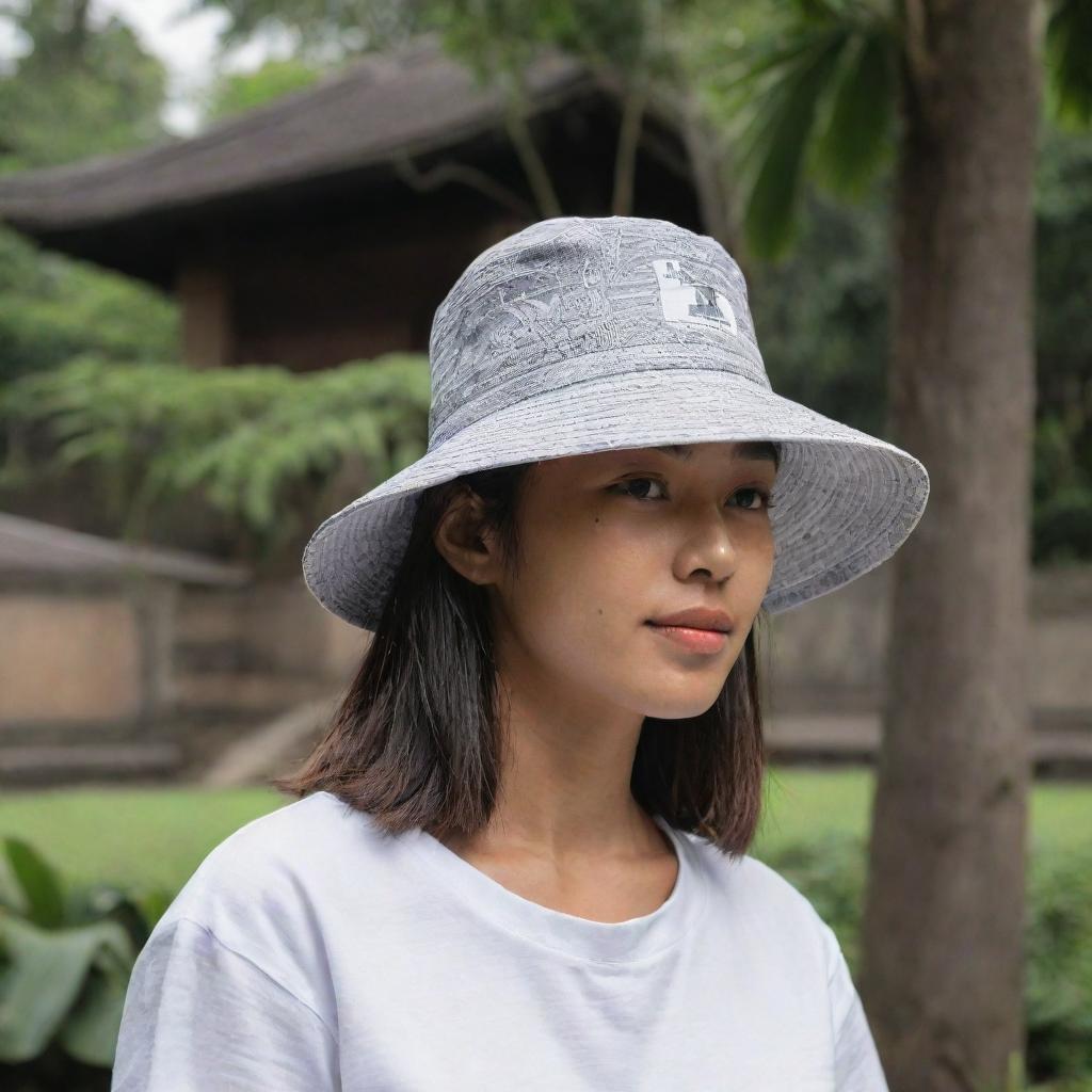 A bucket hat design focusing on iconic yet simple-to-paint Balinese buildings, presented with a fine balance of minimalism and cultural significance