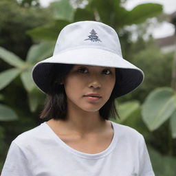 A bucket hat design focusing on iconic yet simple-to-paint Balinese buildings, presented with a fine balance of minimalism and cultural significance