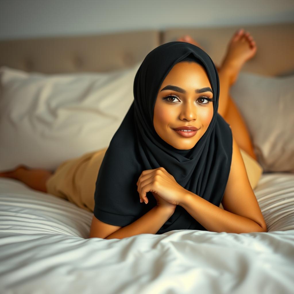 A beautiful young woman wearing a stylish hijab, with a warm yellow complexion, lying gracefully on a bed