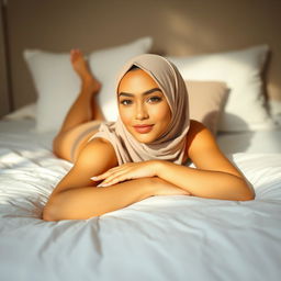 A beautiful young woman wearing a stylish hijab, with a warm yellow complexion, lying gracefully on a bed