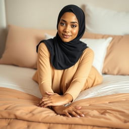 A beautiful young woman wearing a stylish hijab, with a warm yellow complexion, lying gracefully on a bed