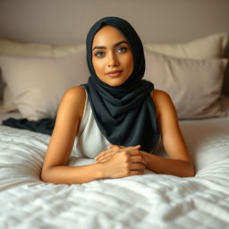 A beautiful young woman wearing a stylish hijab, with a warm yellow complexion, lying gracefully on a bed