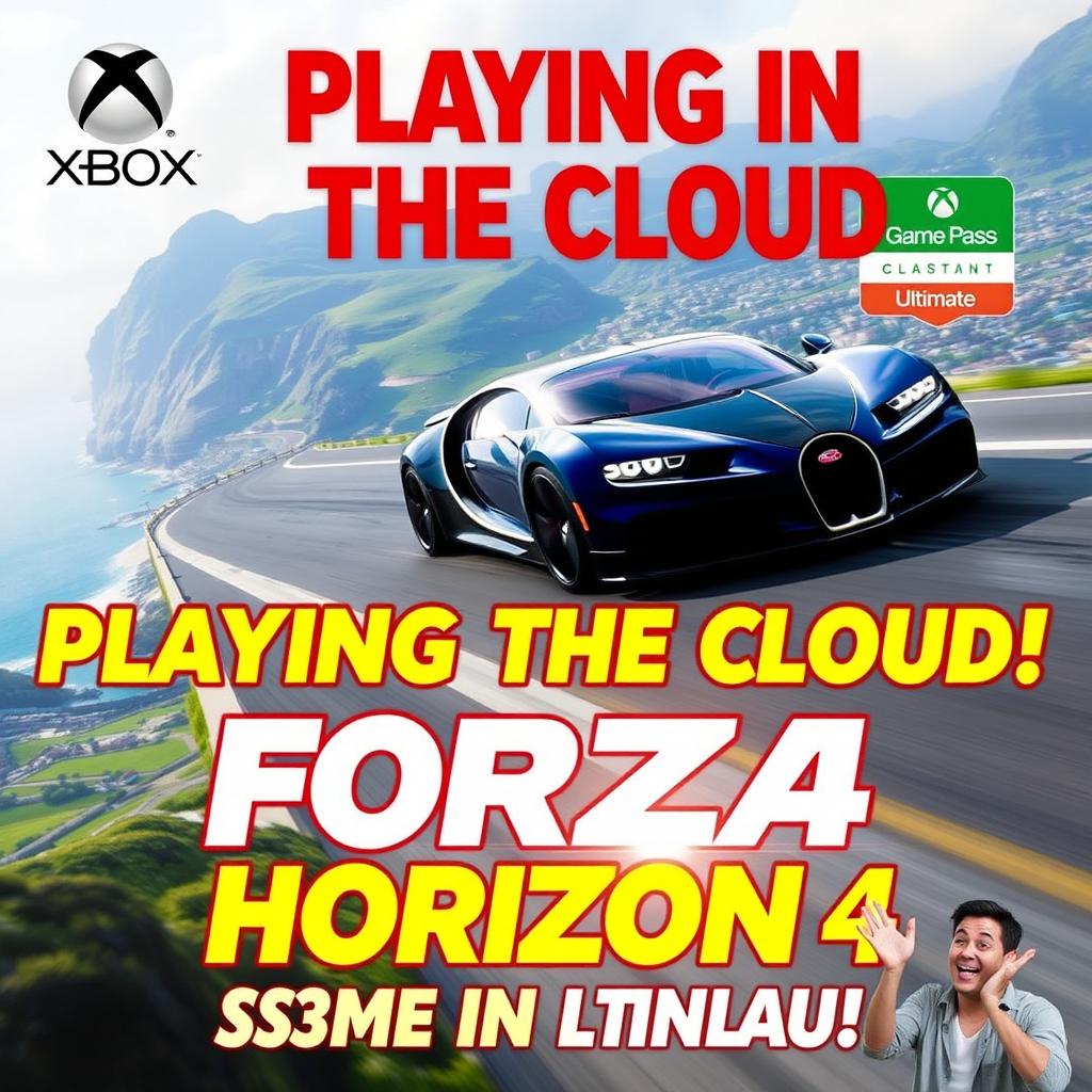 A high-quality and eye-catching YouTube thumbnail for a video titled 'Playing in the Cloud: Forza Horizon 4 | Gameplay | Xbox Cloud Gaming 🎮🔥👾| Game Pass Ultimate'