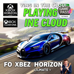 A high-quality and eye-catching YouTube thumbnail for a video titled 'Playing in the Cloud: Forza Horizon 4 | Gameplay | Xbox Cloud Gaming 🎮🔥👾| Game Pass Ultimate'