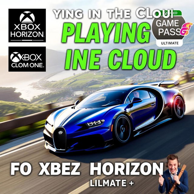 A high-quality and eye-catching YouTube thumbnail for a video titled 'Playing in the Cloud: Forza Horizon 4 | Gameplay | Xbox Cloud Gaming 🎮🔥👾| Game Pass Ultimate'