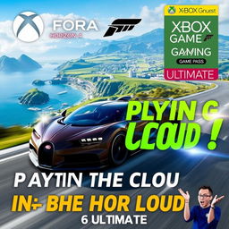 A high-quality and eye-catching YouTube thumbnail for a video titled 'Playing in the Cloud: Forza Horizon 4 | Gameplay | Xbox Cloud Gaming 🎮🔥👾| Game Pass Ultimate'