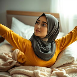 A beautiful young woman wearing a stylish hijab, with a warm yellow complexion, lying gracefully on a bed