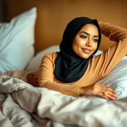 A beautiful young woman wearing a stylish hijab, with a warm yellow complexion, lying gracefully on a bed