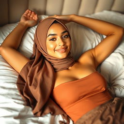 A beautiful young woman wearing a stylish hijab, with a warm yellow complexion, lying gracefully on a bed