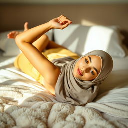 A beautiful young woman wearing a stylish hijab, with a warm yellow complexion, lying gracefully on a bed