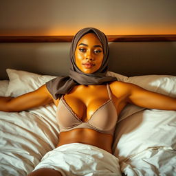 A beautiful young woman wearing a stylish hijab, with a radiant yellow complexion, lying comfortably on a bed