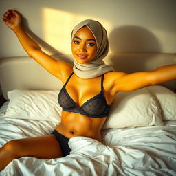 A beautiful young woman wearing a stylish hijab, with a radiant yellow complexion, lying comfortably on a bed