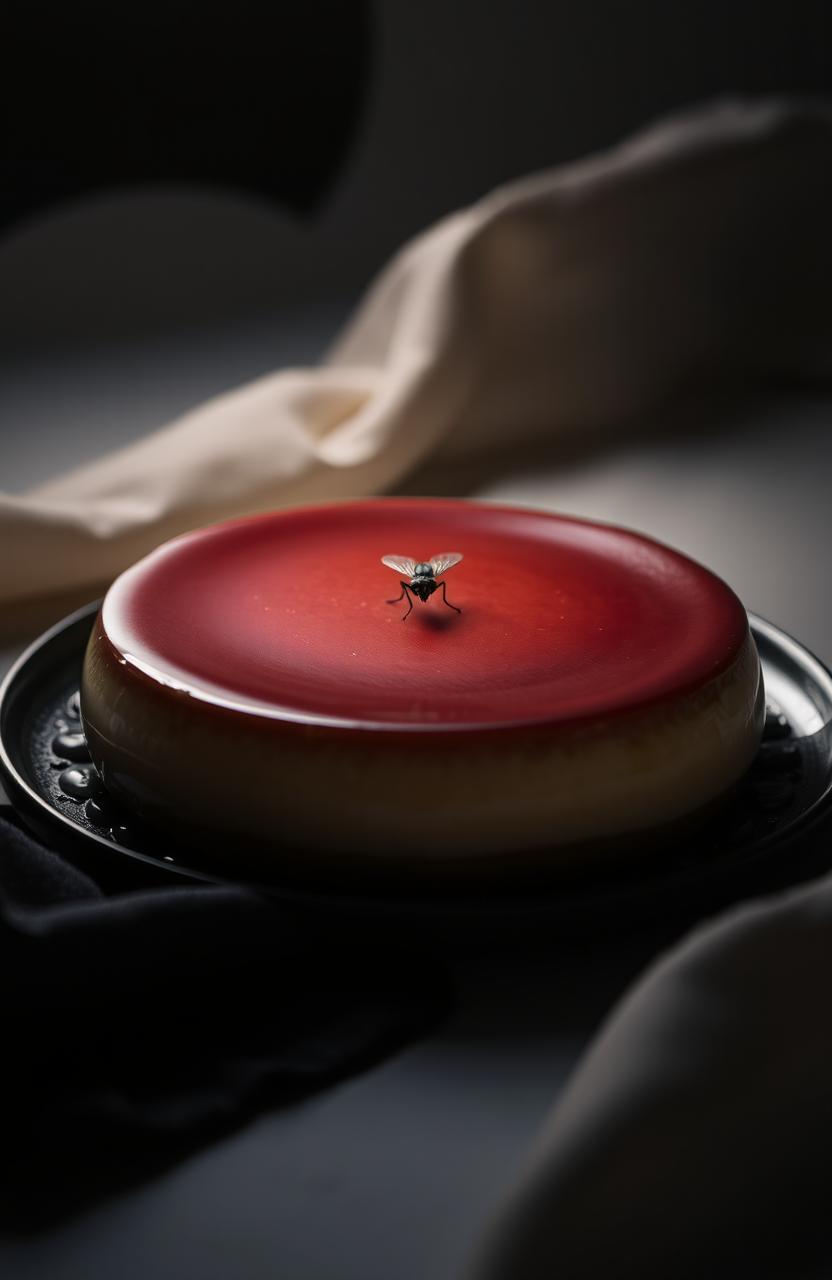 A beautifully detailed image of a flan placed on a table, illuminated by a soft light that creates a warm and inviting atmosphere