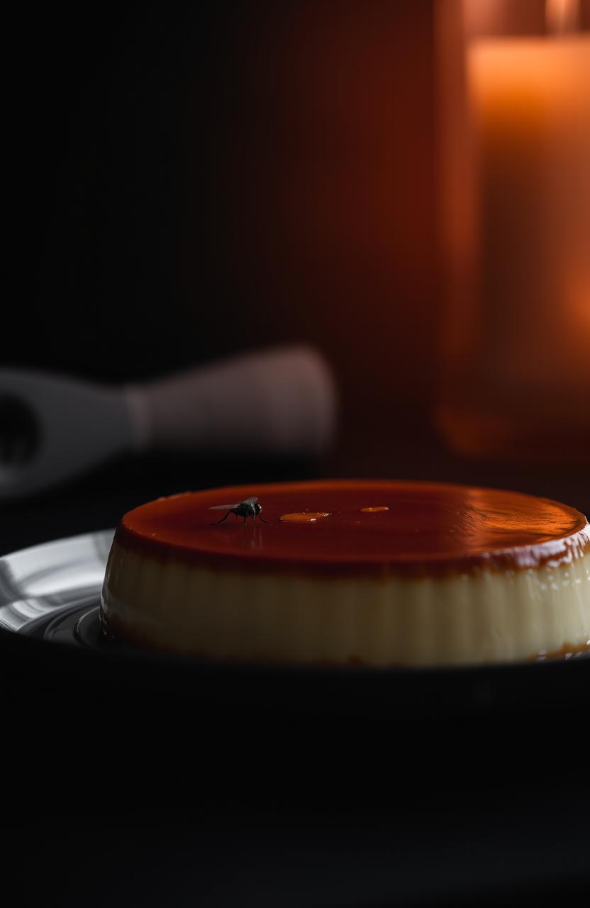 A beautifully detailed image of a flan placed on a table, illuminated by a soft light that creates a warm and inviting atmosphere
