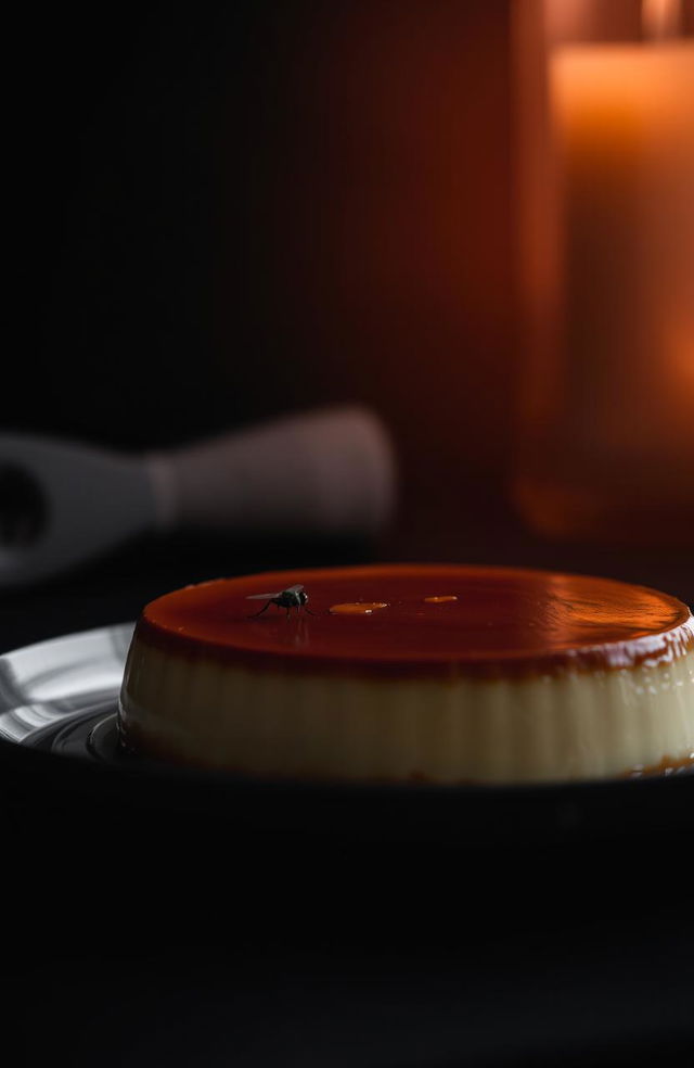 A beautifully detailed image of a flan placed on a table, illuminated by a soft light that creates a warm and inviting atmosphere