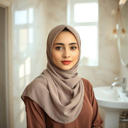 A beautiful young woman wearing a hijab, around 19 years old, standing in a bright and modern bathroom