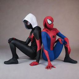 Shadow from Sonic the Hedgehog dressed as Spiderman from Miles Morales and Sonic the Hedgehog dressed as Spider Gwen sitting together in a friendly way.