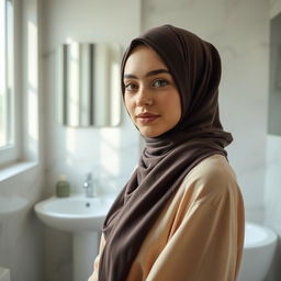 A beautiful young woman wearing a hijab, around 19 years old, standing in a bright and modern bathroom