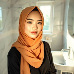 A beautiful young woman wearing a hijab, around 19 years old, standing in a bright and modern bathroom