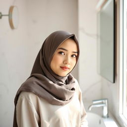 A beautiful young woman wearing a hijab, around 19 years old, standing in a bright and modern bathroom