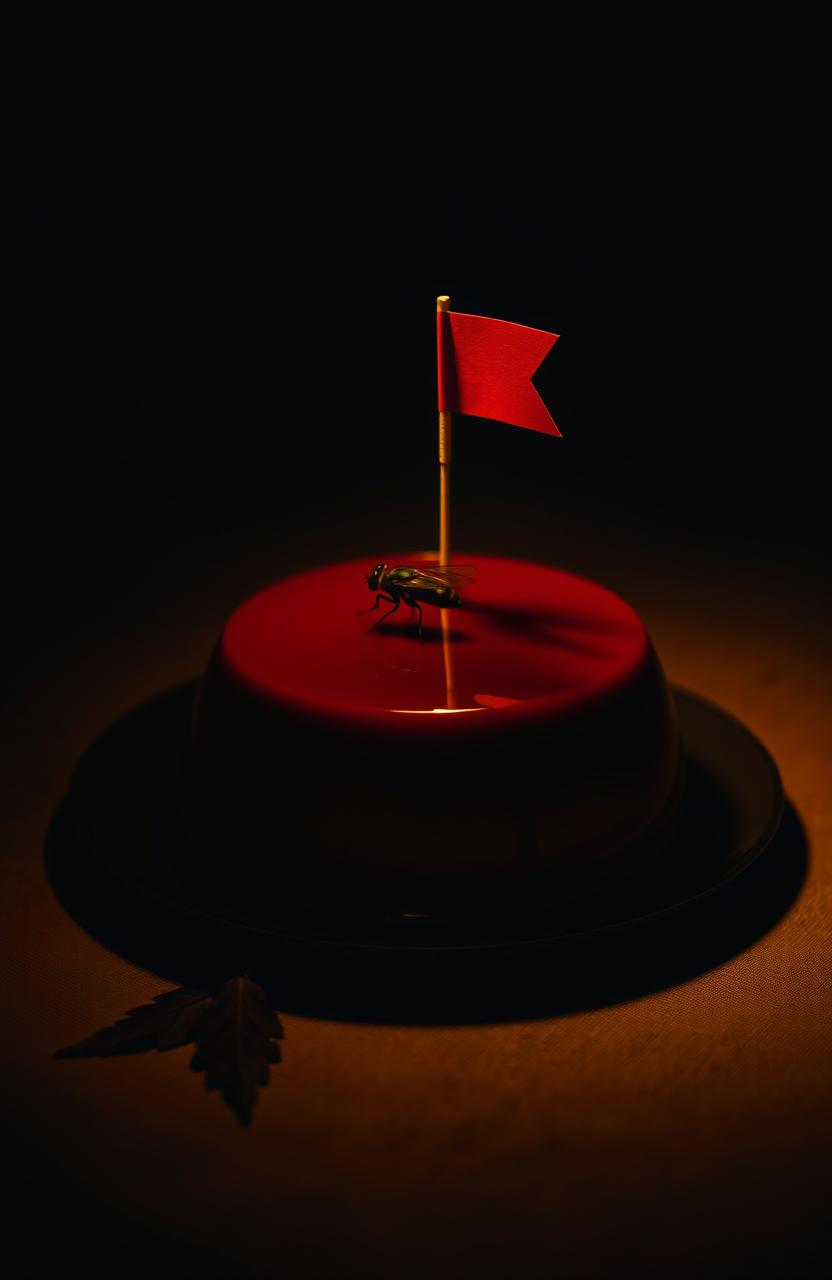 A delicious flan sitting on a table illuminated by soft light, with a fly perched on top of the flan