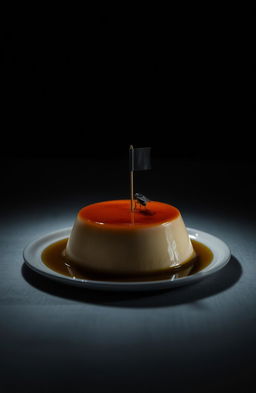 A delicious flan sitting on a table illuminated by soft light, with a fly perched on top of the flan