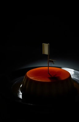 A delicious flan sitting on a table illuminated by soft light, with a fly perched on top of the flan