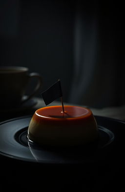 A delicious flan sitting on a table illuminated by soft light, with a fly perched on top of the flan