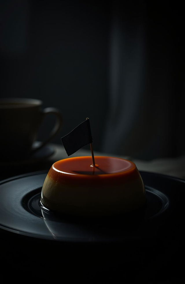 A delicious flan sitting on a table illuminated by soft light, with a fly perched on top of the flan